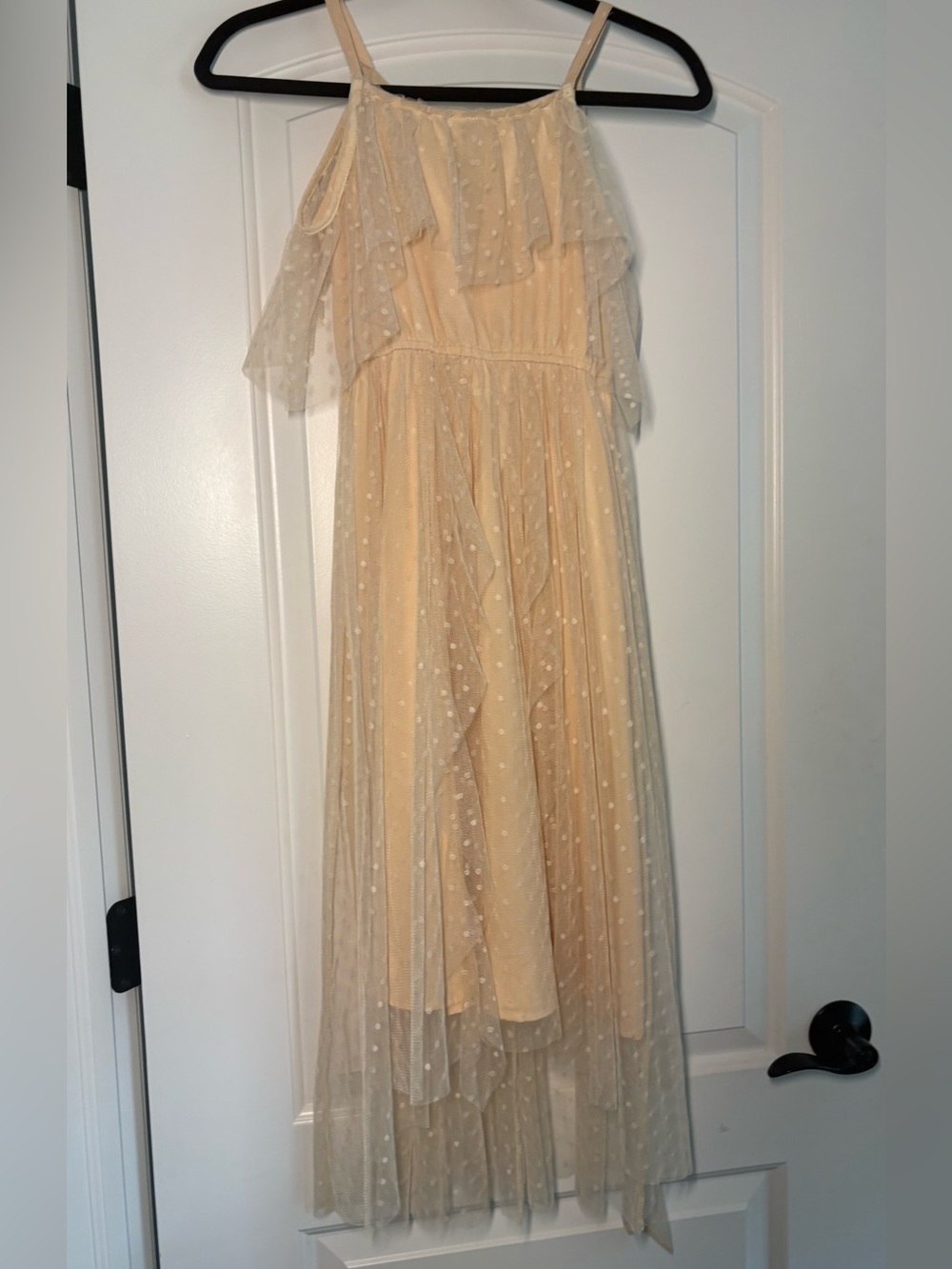 Mia Joy Girls Cream Polka Dot Tulle Maxi Dress with Ruffle Yoke